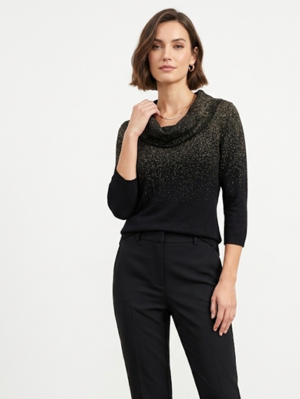 Reitmans Black Glitter Cowl Neck Top | 3/4 Sleeve Holiday Party Blouse